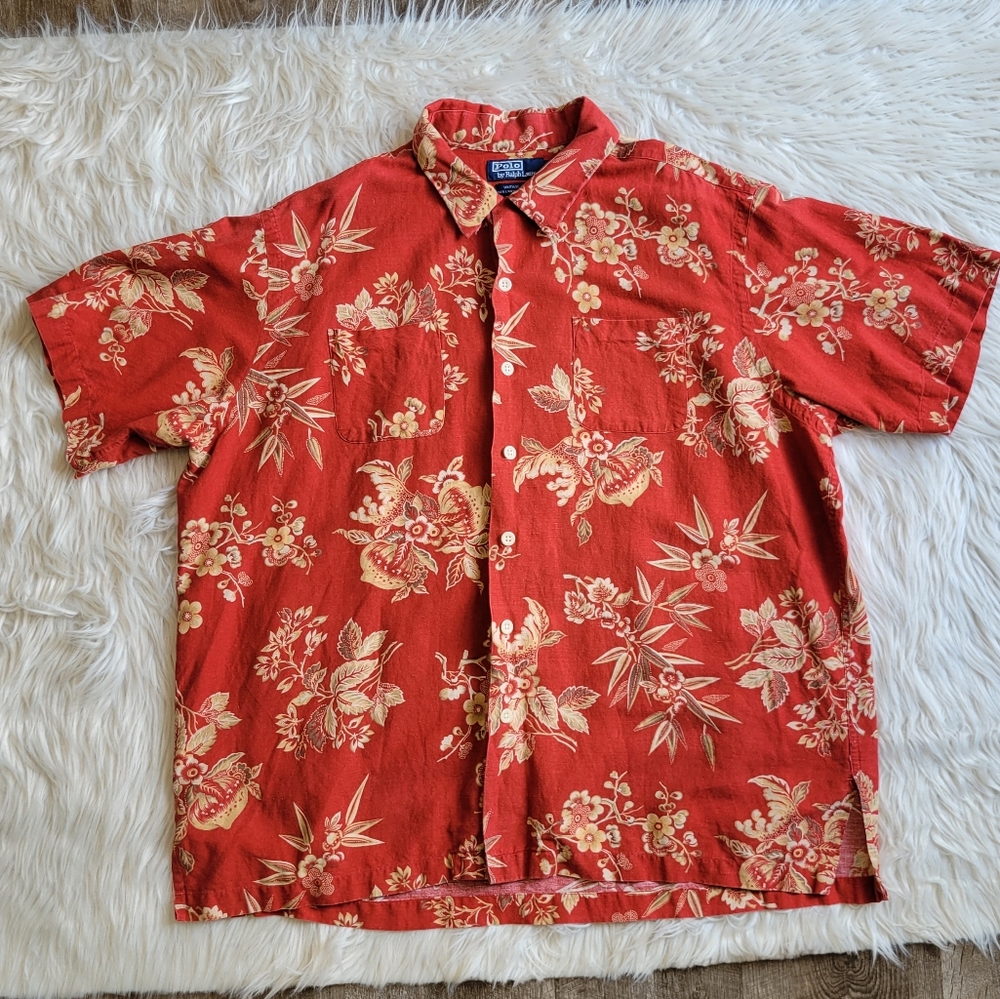 Polo Ralph Lauren Vintage Camp Men Linen Blend Hawaiian Shirt sz XL Burnt Orange